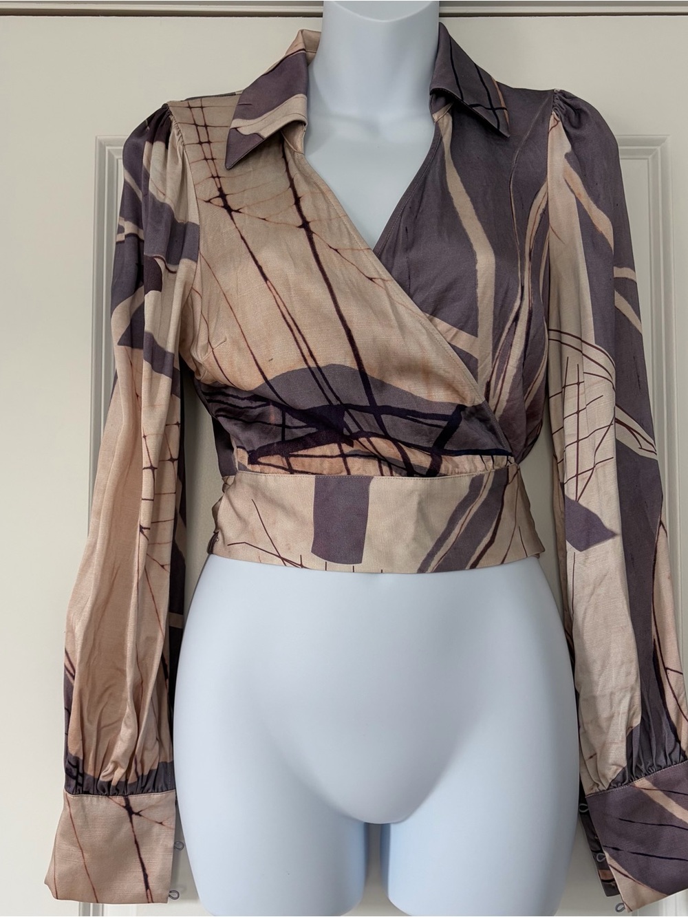& Other Stories Neutral Abstract Wrap Blouse in Beige and Taupe